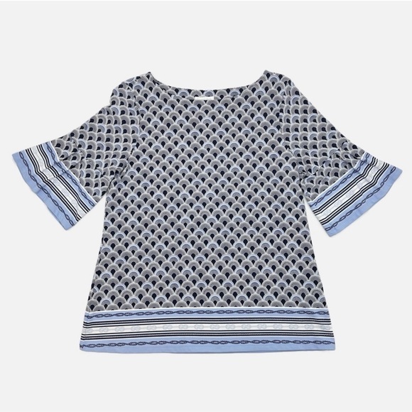 Charter Club Mixed Print Blue and White Flounce Sleeve Top Size Large - Picture 3 of 12